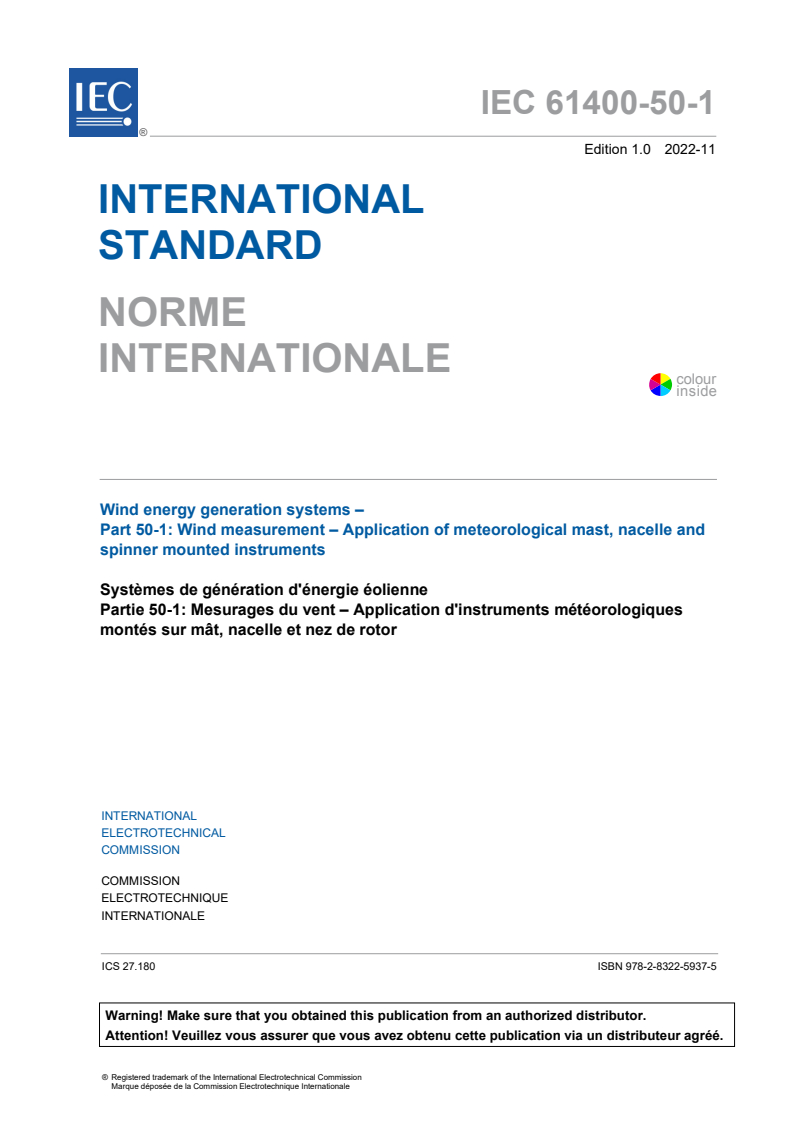 IEC 61400-50-1:2022 IEC 61400-50-1:2022 - Wind energy generation systems - Part 50-1: Wind measurement - Application of meteorological mast, nacelle and spinner mounted instruments
Released:11/16/2022 - Page 3 preview