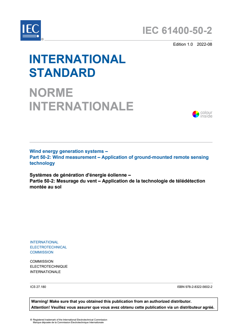 IEC 61400-50-2:2022 IEC 61400-50-2:2022 - Wind energy generation systems - Part 50-2: Wind measurement - Application of ground-mounted remote sensing technology
Released:8/30/2022 - Page 3 preview