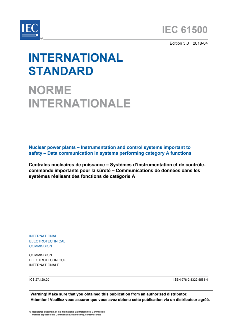 IEC 61500:2018 IEC 61500:2018 - Nuclear power plants - Instrumentation and control systems important to safety - Data communication in systems performing category A functions
Released:4/20/2018 - Page 3 preview
