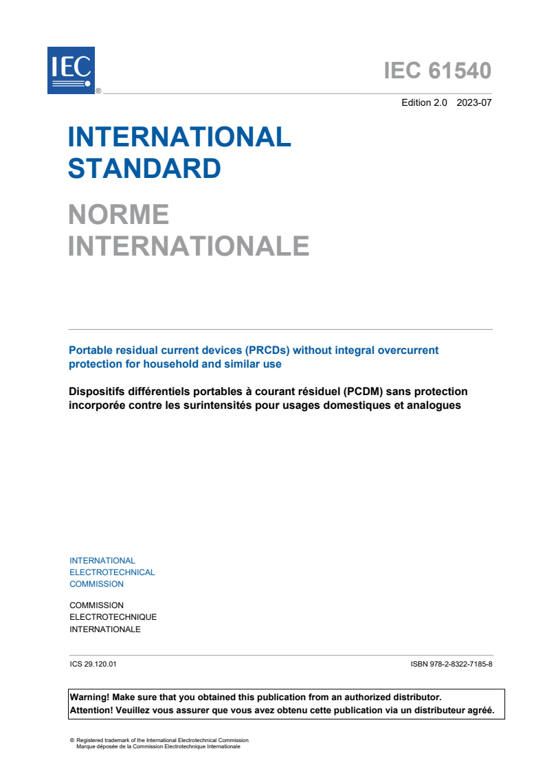IEC 61540:2023 IEC 61540:2023 - Portable residual current devices (PRCDs) without integral overcurrent protection for household and similar use - Page 3 preview