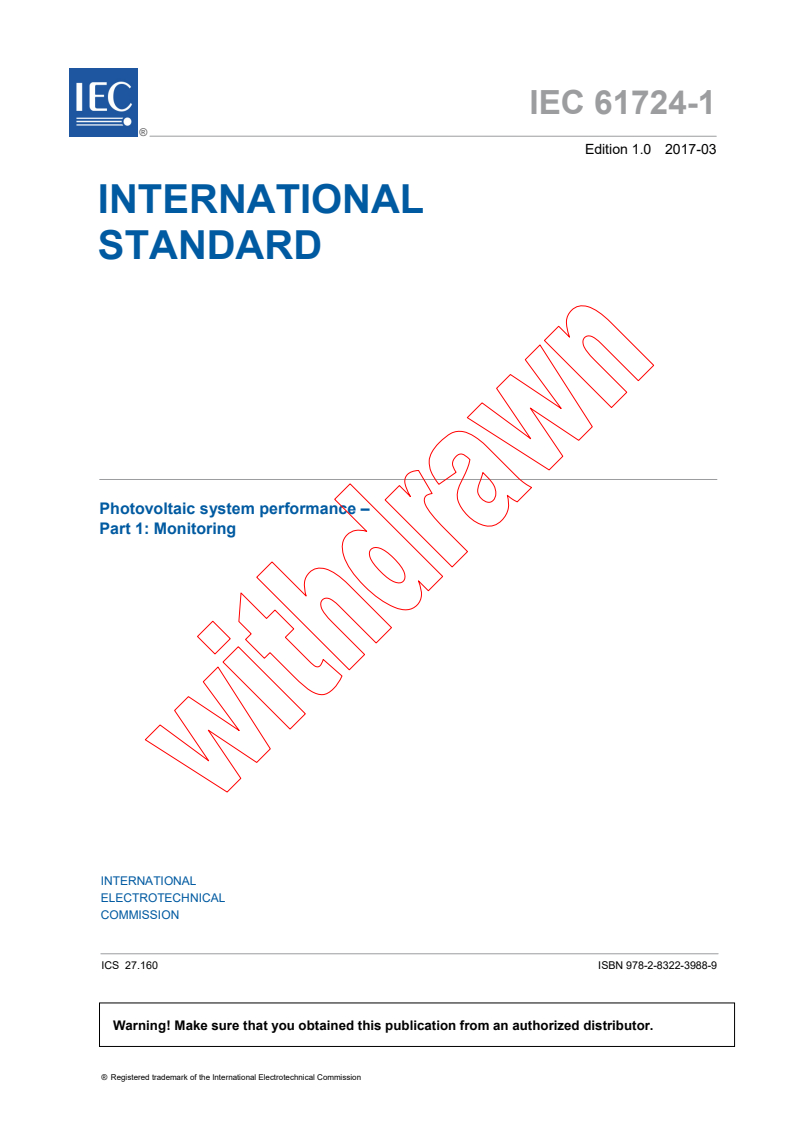 IEC 61724-1:2017 IEC 61724-1:2017 - Photovoltaic system performance - Part 1: Monitoring
Released:3/3/2017 - Page 3 preview