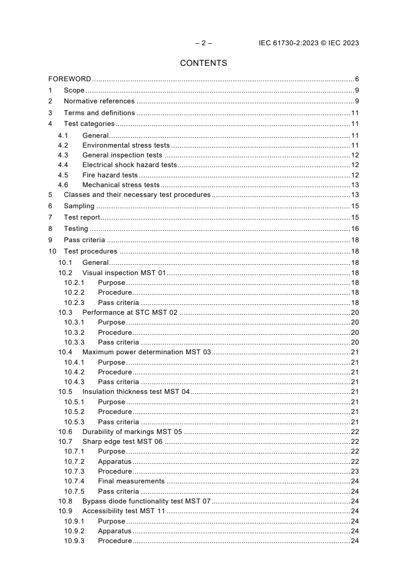 IEC 61730-2:2023 IEC 61730-2:2023 - Photovoltaic (PV) module safety qualification - Part 2: Requirements for testing
Released:9/12/2023 - Page 4 preview