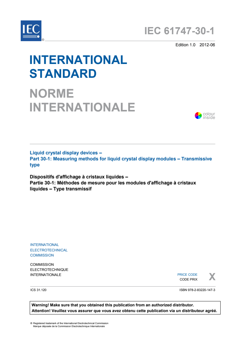 IEC 61747-30-1:2012 IEC 61747-30-1:2012 - Liquid crystal display devices - Part 30-1: Measuring methods for liquid crystal display modules - Transmissive type
Released:6/25/2012 - Page 3 preview