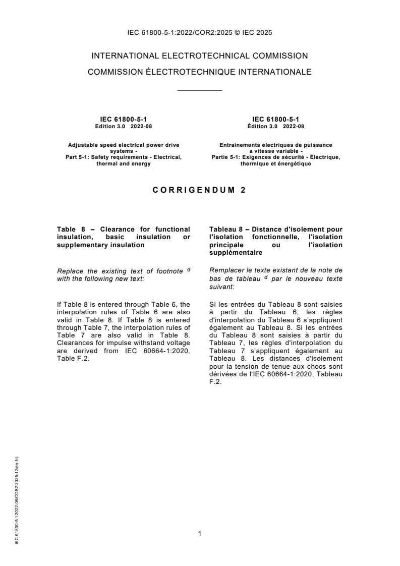 IEC 61800-5-1:2022/COR2:2025 - Corrigendum 2 - Adjustable speed electrical power drive systems - Part 5-1: Safety requirements - Electrical, thermal and energy
Released:19. 12. 2025