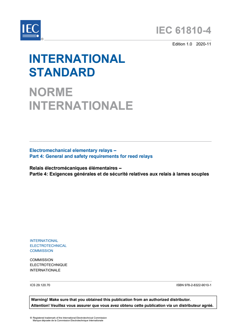 IEC 61810-4:2020 IEC 61810-4:2020 - Electromechanical elementary relays - Part 4: General and safety requirements for reed relays
Released:11/4/2020 - Page 3 preview