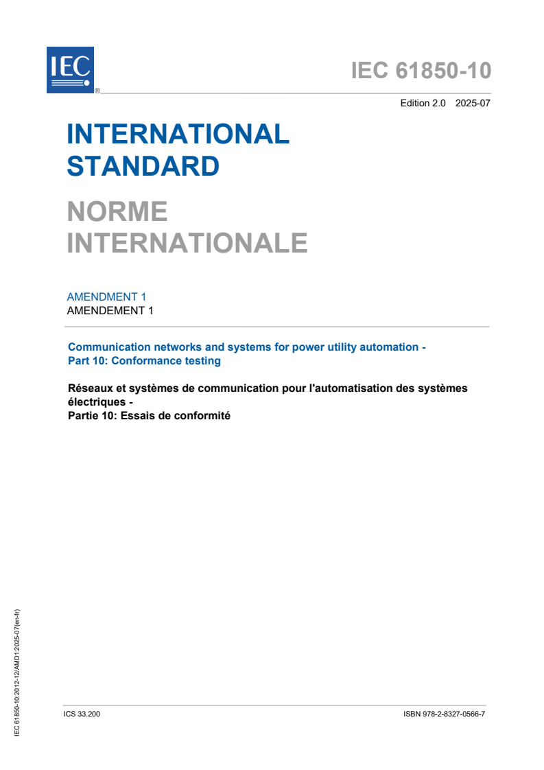 IEC 61850-10:2012/AMD1:2025 IEC 61850-10:2012/AMD1:2025 - Amendment 1 - Communication networks and systems for power utility automation - Part 10: Conformance testing
Released:30. 07. 2025
Isbn:9782832705667
