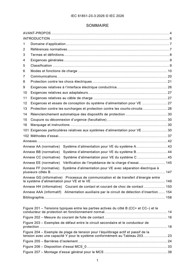 IEC 61851-23-3:2026 iec61851-23-3{ed1.0}fr - <p>Systeme de charge par conduction pour véhicules électriques - Partie 23-3: Systeme d’alimentation en courant continu pour véhicules électriques - Systeme de recharge mégawatt</p> - Page 3 preview