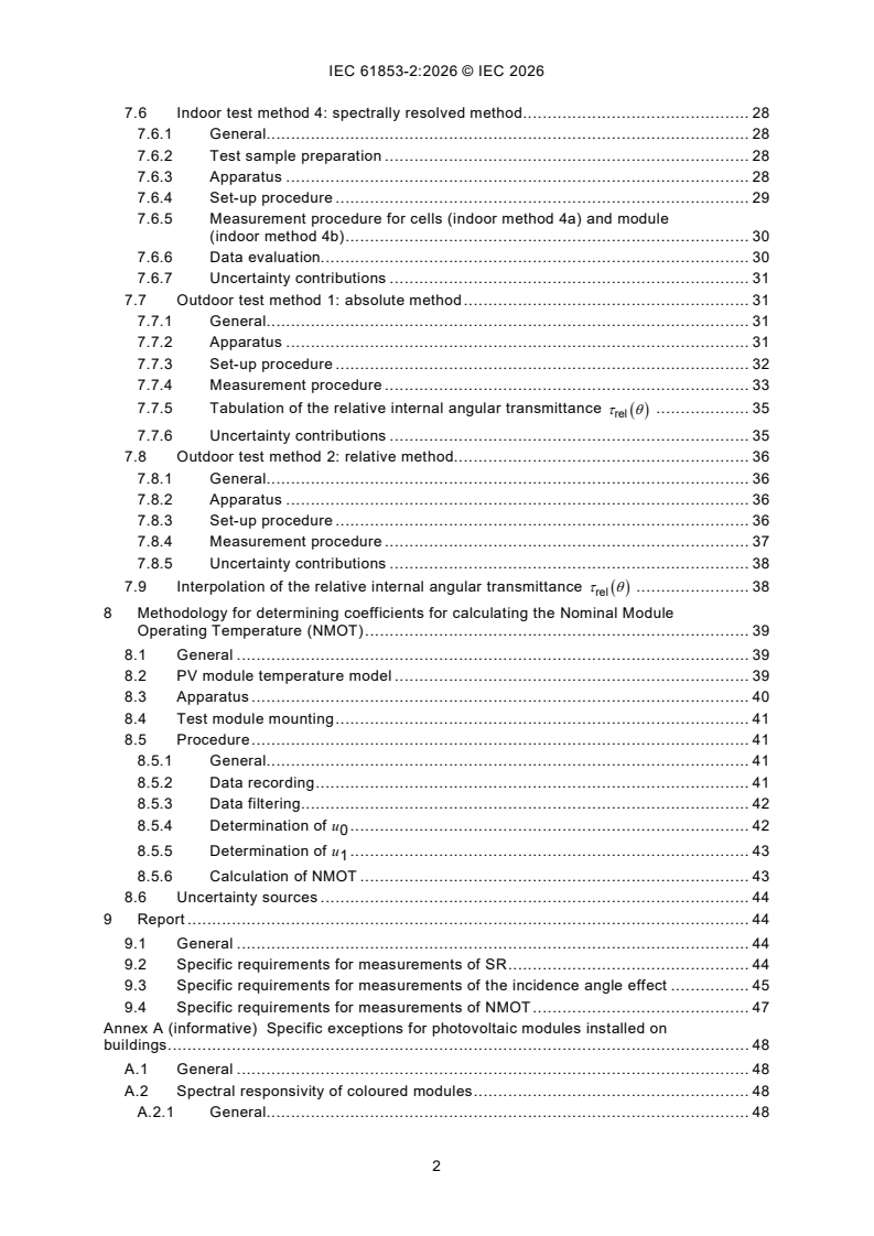 IEC 61853-2:2026 IEC 61853-2:2026 - Photovoltaic (PV) module performance testing and energy rating - Part 2: Spectral responsivity, incidence angle and nominal module operating temperature measurements - Page 4 preview
