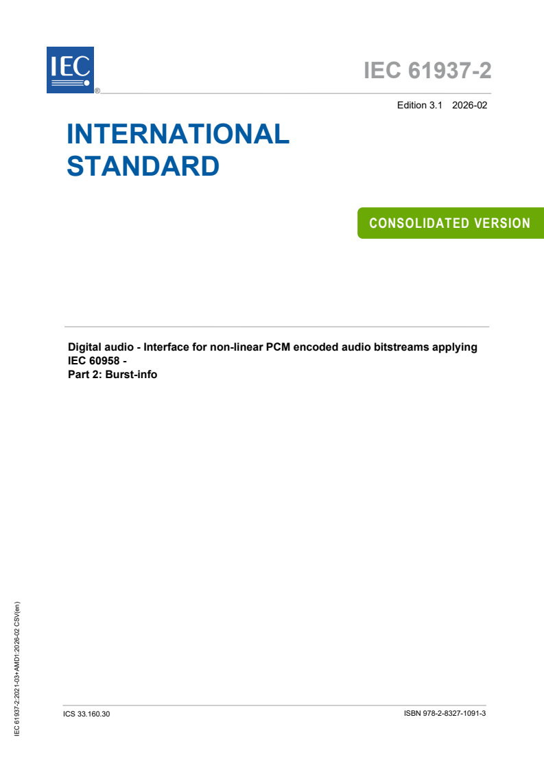 IEC 61937-2:2021 IEC 61937-2:2021+AMD1:2026 CSV - Digital audio - Interface for non-linear PCM encoded audio bitstreams applying IEC 60958 - Part 2: Burst-info - Page 1 preview