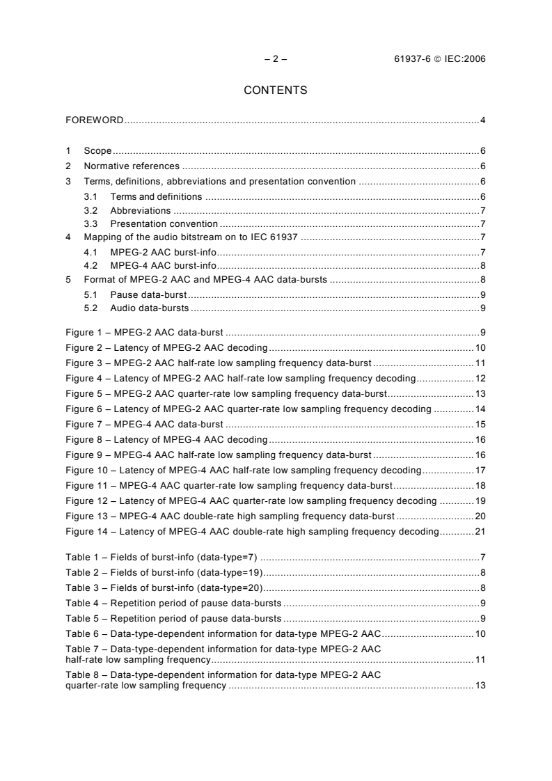 IEC 61937-6:2006 IEC 61937-6:2006 - Digital audio - Interface for non-linear PCM encoded audio bitstreams applying IEC 60958 - Part 6: Non-linear PCM bitstreams according to the MPEG-2 AAC and MPEG-4 AAC formats
Released:1/25/2006 - Page 4 preview