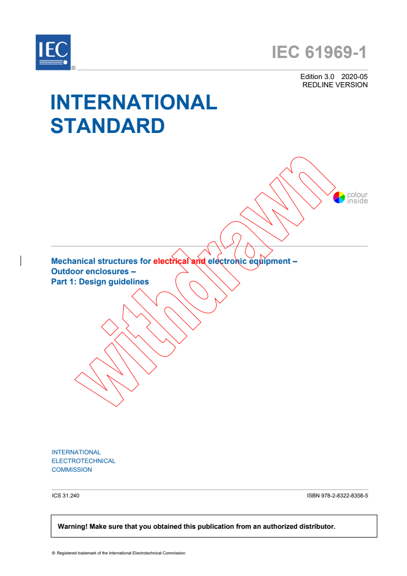 IEC 61969-1:2020 IEC 61969-1:2020 RLV - Mechanical structures for electrical and electronic equipment - Outdoor enclosures - Part 1: Design guidelines
Released:5/12/2020 - Page 3 preview