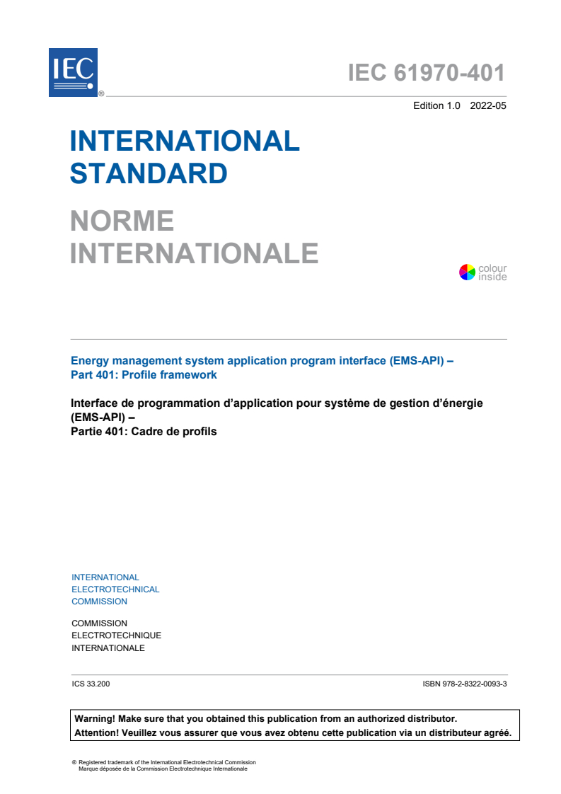 IEC 61970-401:2022 IEC 61970-401:2022 - Energy management system application program interface (EMS-API) - Part 401: Profile framework
Released:5/30/2022 - Page 3 preview