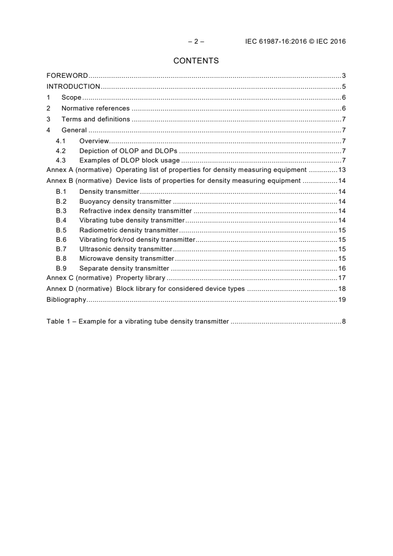 IEC 61987-16:2016 IEC 61987-16:2016 - Industrial-process measurement and control - Data structures and elements in process equipment catalogues - Part 16: List of properties (LOPs) for density measuring equipment for electronic data exchange
Released:12/15/2016 - Page 4 preview