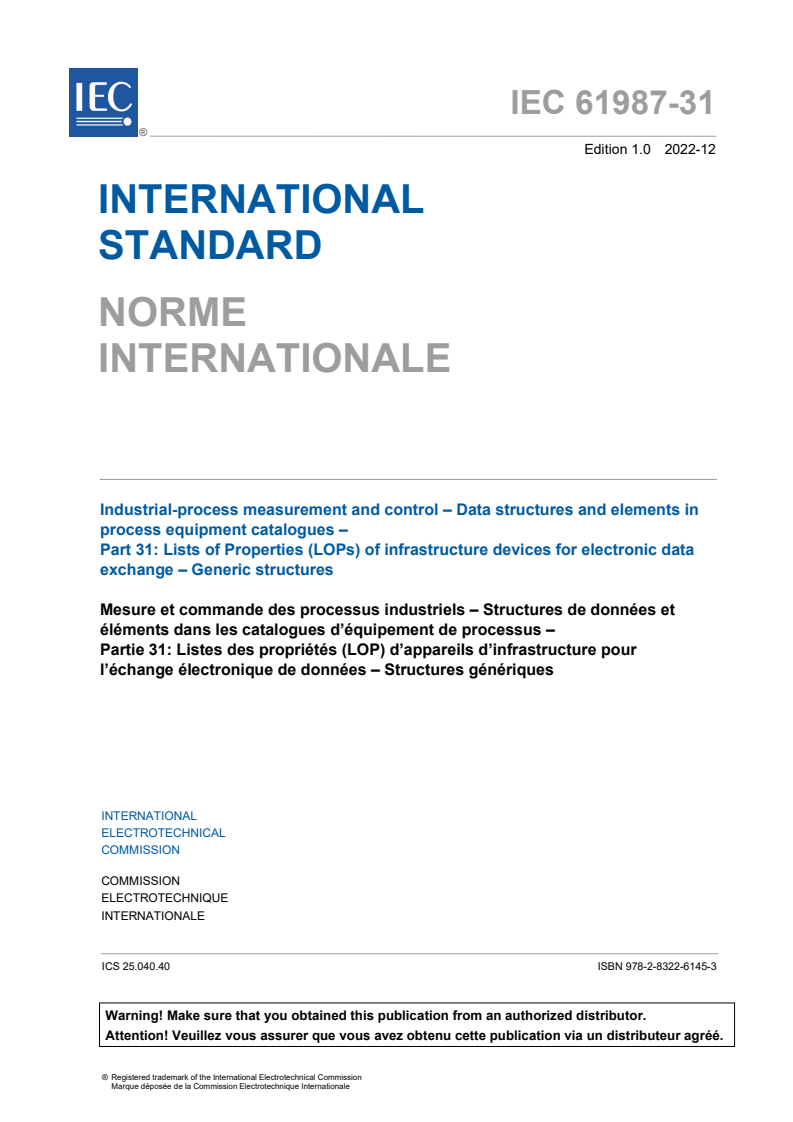 IEC 61987-31:2022 IEC 61987-31:2022 - Industrial-process measurement and control - Data structures and elements in process equipment catalogues - Part 31: List of Properties (LOPs) of infrastructure devices for electronic data exchange – Generic structures
Released:12/14/2022 - Page 3 preview