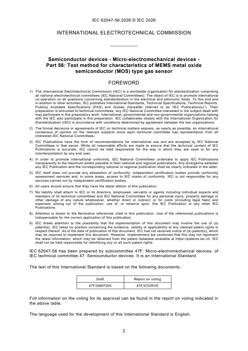 IEC 62047-56:2026 IEC 62047-56:2026 - Semiconductor devices - Micro-electromechanical devices - Part 56: Test method for characteristics of MEMS metal oxide semiconductor (MOS) type gas sensor - Page 4 preview
