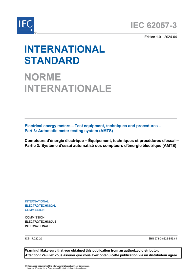 IEC 62057-3:2024 IEC 62057-3:2024 - Electrical energy meters - Test equipment, techniques and procedures - Part 3: Automatic meter testing system (AMTS)
Released:4/23/2024 - Page 3 preview