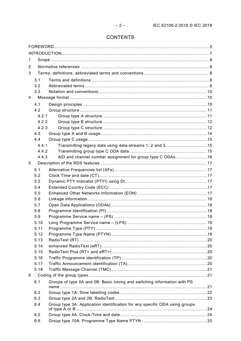 IEC 62106-2:2018 IEC 62106-2:2018 - Radio data system (RDS) - VHF/FM sound broadcasting in the frequency range from 64,0 MHz to 108,0 MHz - Part 2: Message format: Coding and definition of RDS features
Released:10/10/2018 - Page 4 preview