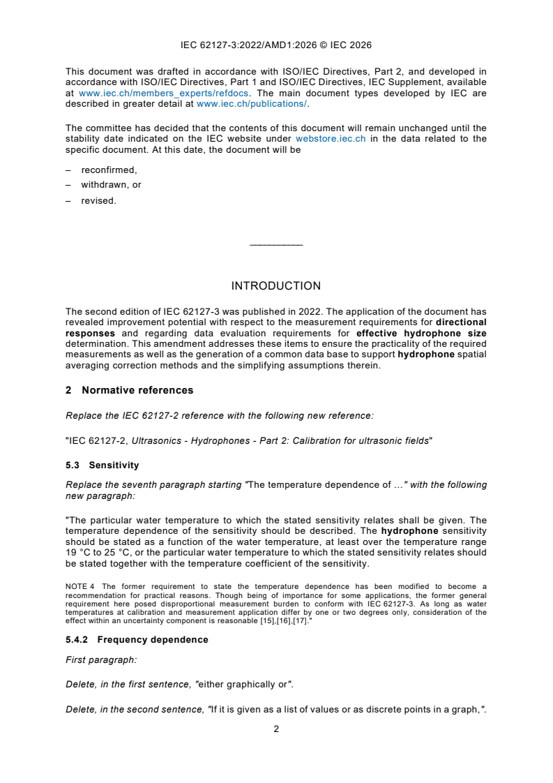 IEC 62127-3:2022/AMD1:2026 IEC 62127-3:2022/AMD1:2026 - Amendment 1 - Ultrasonics - Hydrophones - Part 3: Properties of hydrophones for ultrasonic fields - Page 4 preview