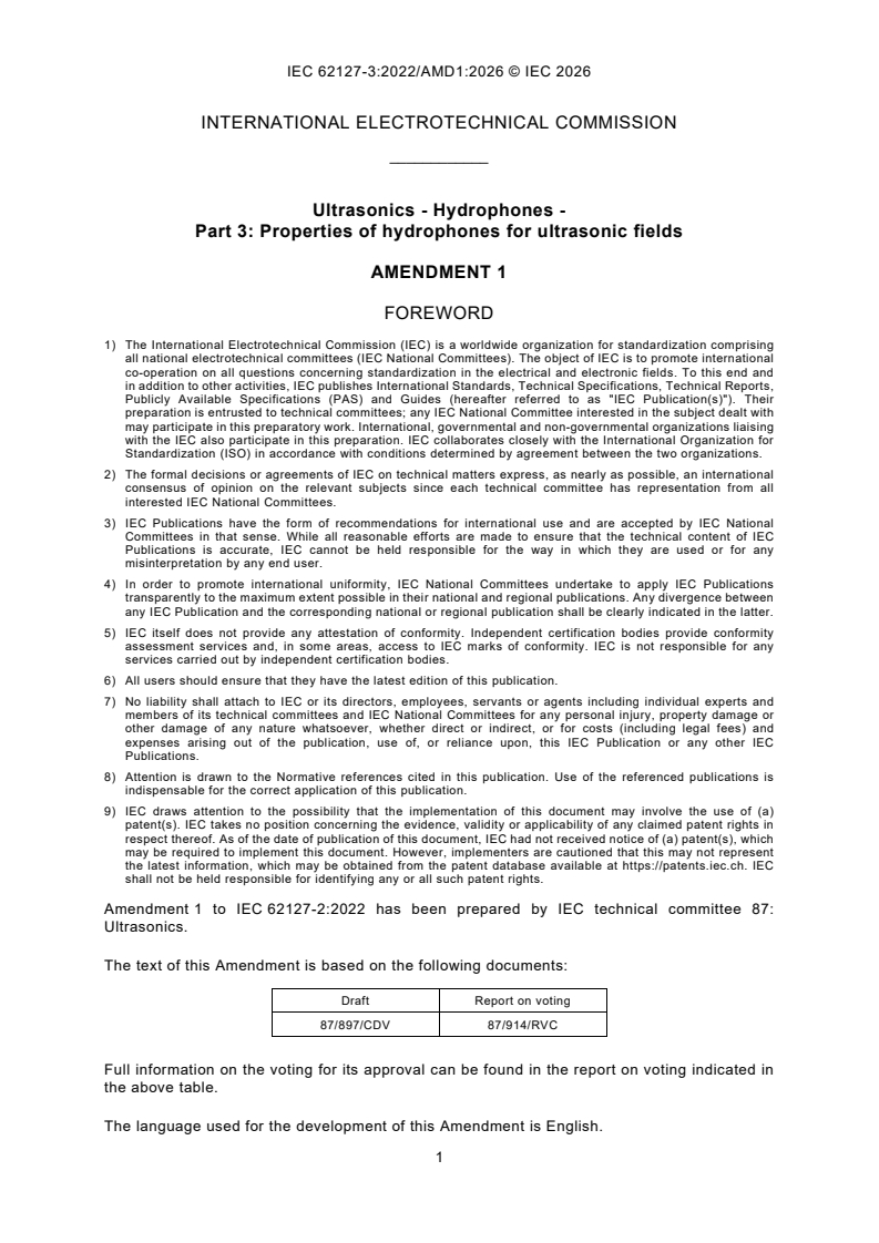 IEC 62127-3:2022/AMD1:2026 IEC 62127-3:2022/AMD1:2026 - Amendment 1 - Ultrasonics - Hydrophones - Part 3: Properties of hydrophones for ultrasonic fields - Page 3 preview