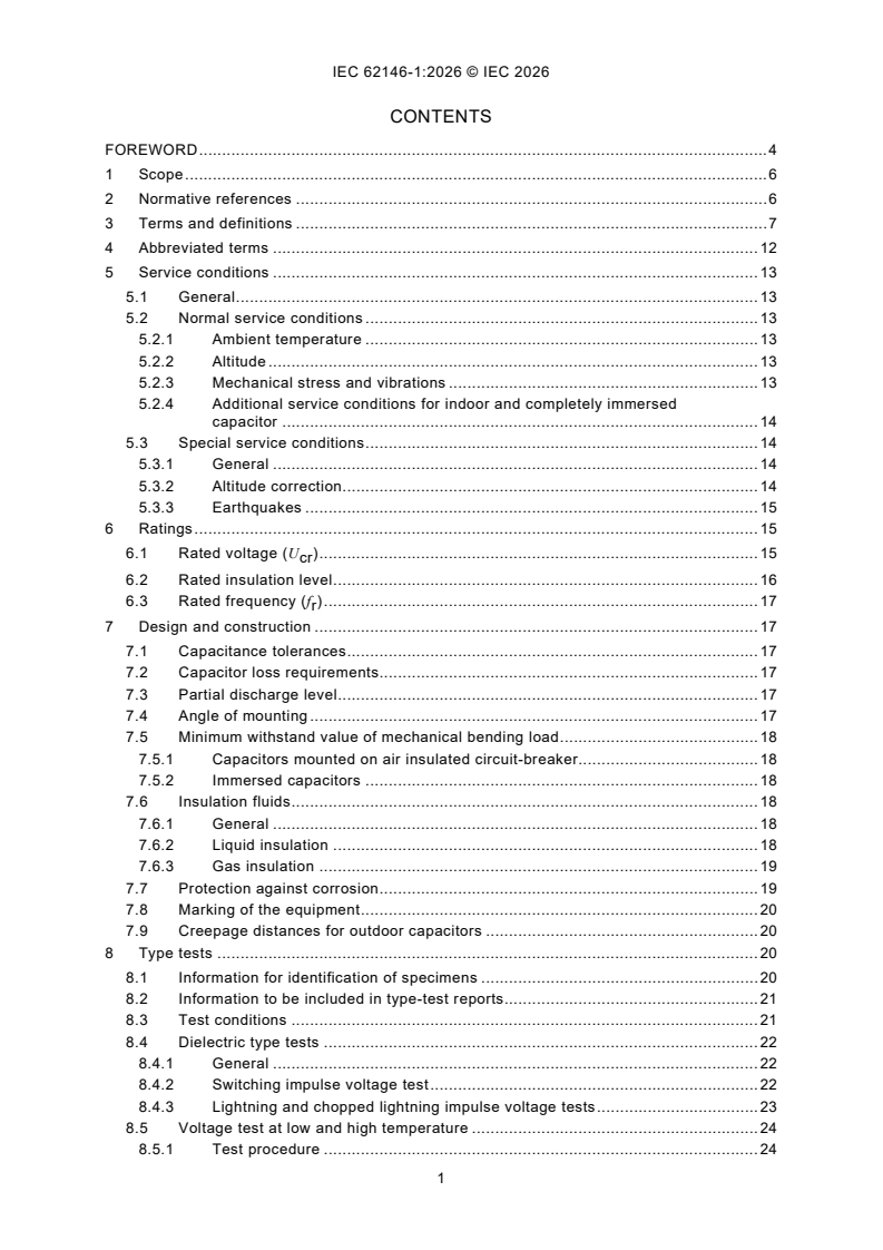 IEC 62146-1:2026 IEC 62146-1:2026 - Capacitors for high-voltage alternating current circuit-breakers - Part 1: General and grading capacitors - Page 3 preview