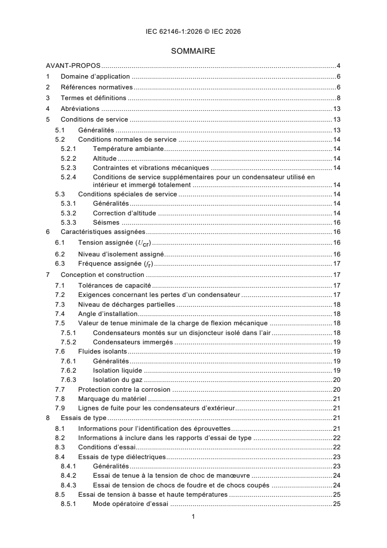 IEC 62146-1:2026 IEC 62146-1:2026 - Condensateurs pour disjoncteurs à courant alternatif haute tension - Partie 1: Généralités et condensateurs de répartition - Page 3 preview