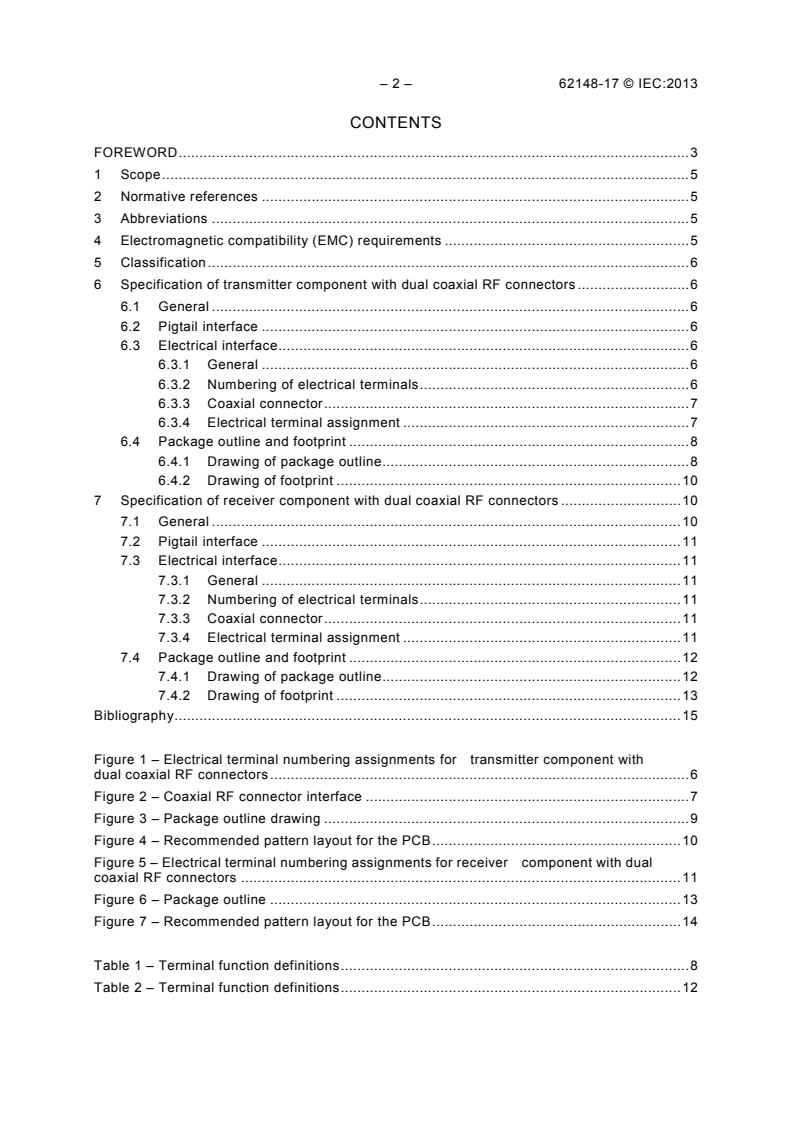 IEC 62148-17:2013 IEC 62148-17:2013 - Fibre optic active components and devices - Package and interface standards - Part 17: Transmitter and receiver components with dual coaxial RF connectors
Released:9/25/2013 - Page 4 preview