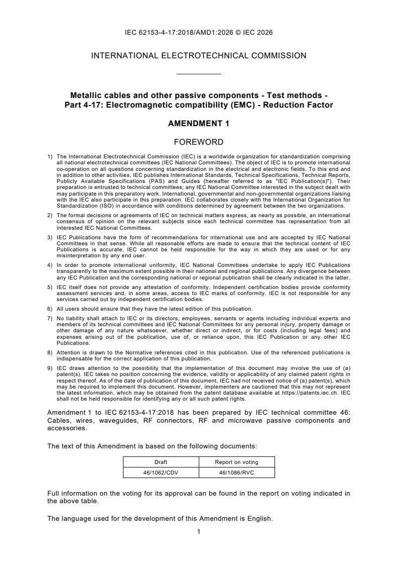 IEC 62153-4-17:2018/AMD1:2026 IEC 62153-4-17:2018/AMD1:2026 - Amendment 1 - Metallic cables and other passive components - Test methods - Part 4-17: Electromagnetic compatibility (EMC) - Reduction Factor - Page 3 preview