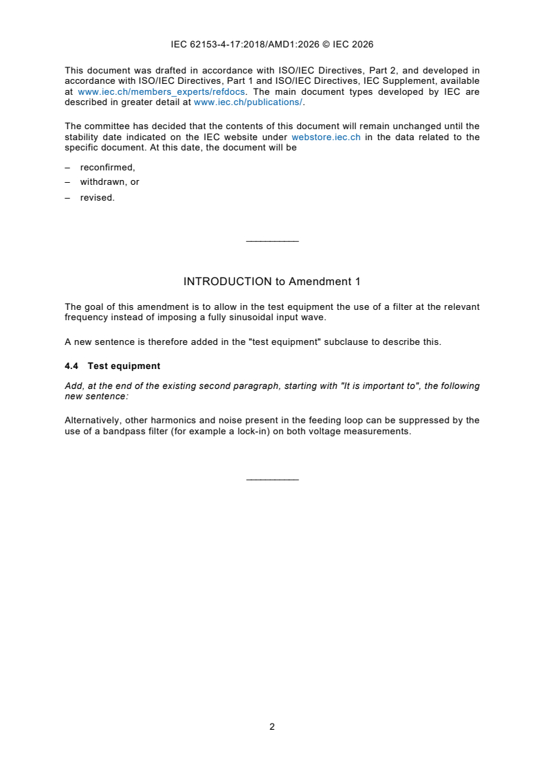 IEC 62153-4-17:2018/AMD1:2026 IEC 62153-4-17:2018/AMD1:2026 - Amendment 1 - Metallic cables and other passive components - Test methods - Part 4-17: Electromagnetic compatibility (EMC) - Reduction Factor - Page 4 preview