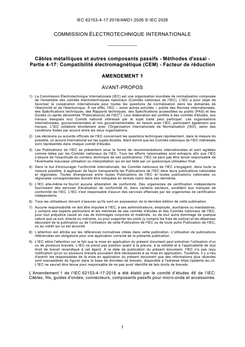 IEC 62153-4-17:2018/AMD1:2026 iec62153-4-17-amd1{ed1.0}fr - IEC 62153-4-17:2018/AMD1:2026 - Amendment 1 - Metallic cables and other passive components - Test methods - Part 4-17: Electromagnetic compatibility (EMC) - Reduction Factor - Page 3 preview