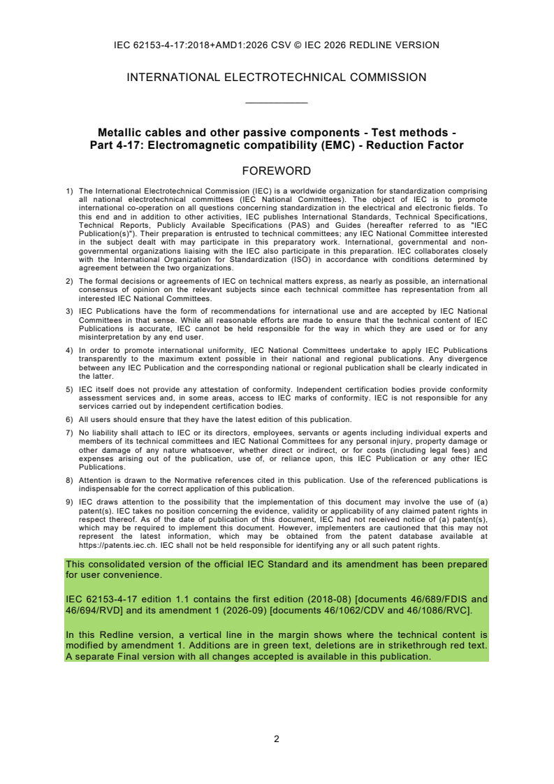 IEC 62153-4-17:2018 IEC 62153-4-17:2018+AMD1:2026 CSV - Metallic cables and other passive components - Test methods - Part 4-17: Electromagnetic compatibility (EMC) - Reduction Factor - Page 4 preview