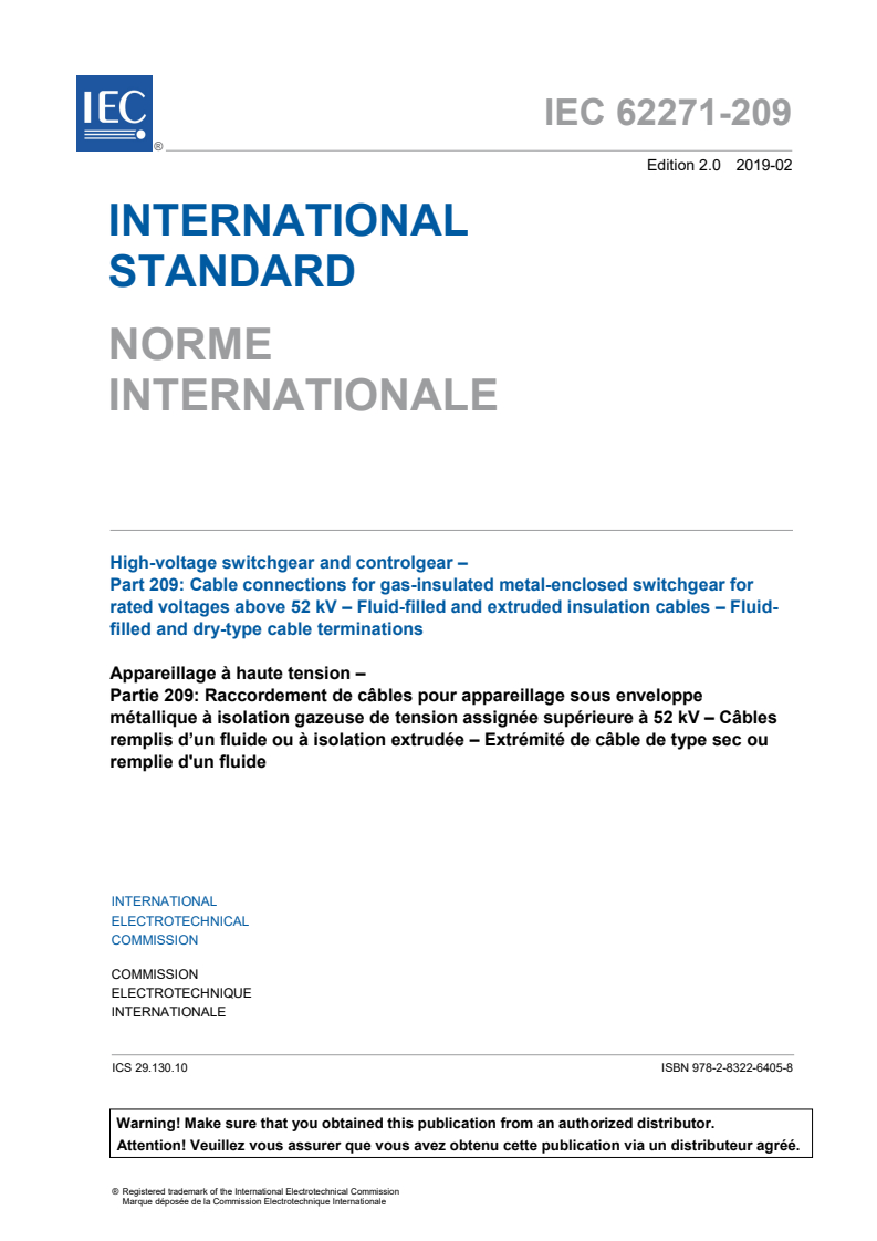 IEC 62271-209:2019 IEC 62271-209:2019 - High-voltage switchgear and controlgear - Part 209: Cable connections for gas-insulated metal-enclosed switchgear for rated voltages above 52 kV - Fluid-filled and extruded insulation cables - Fluid-filled and dry-type cable terminations
Released:2/8/2019 - Page 3 preview