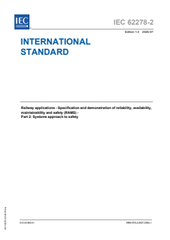 IEC 62278-2:2025 - Railway applications - Specification and demonstration of reliability, availability, maintainability and safety (RAMS) - Part 2: Systems approach to safety
Released:24. 07. 2025
Isbn:9782832705841 - Page 1 preview
