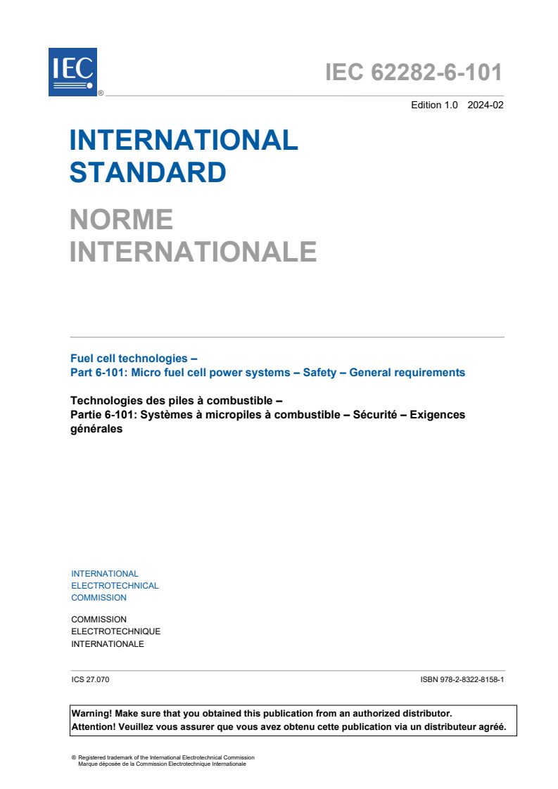 IEC 62282-6-101:2024 IEC 62282-6-101:2024 - Fuel cell technologies - Part 6-101: Micro fuel cell power systems - Safety - General requirements
Released:2/16/2024 - Page 3 preview