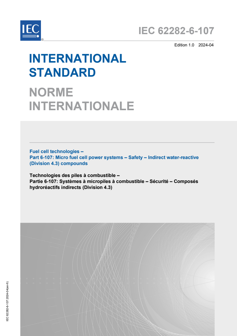 IEC 62282-6-107:2024 IEC 62282-6-107:2024 - Fuel cell technologies - Part 6-107: Micro fuel cell power systems - Safety - Indirect water-reactive (Division 4.3) compounds
Released:4/5/2024 - Page 1 preview