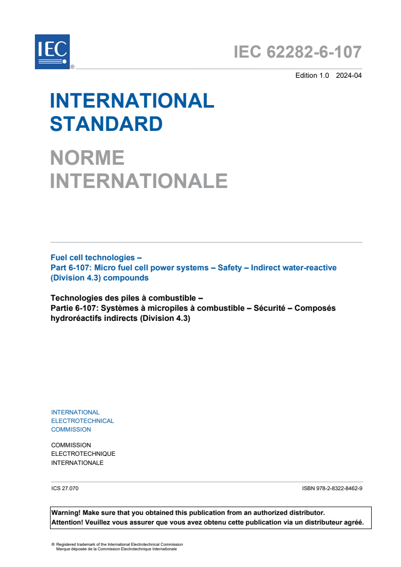 IEC 62282-6-107:2024 IEC 62282-6-107:2024 - Fuel cell technologies - Part 6-107: Micro fuel cell power systems - Safety - Indirect water-reactive (Division 4.3) compounds
Released:4/5/2024 - Page 3 preview