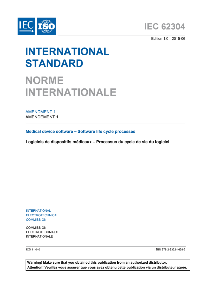 IEC 62304:2006/AMD1:2015 IEC 62304:2006/AMD1:2015 - Amendment 1 - Medical device software - Software life cycle processes
Released:6/26/2015 - Page 3 preview