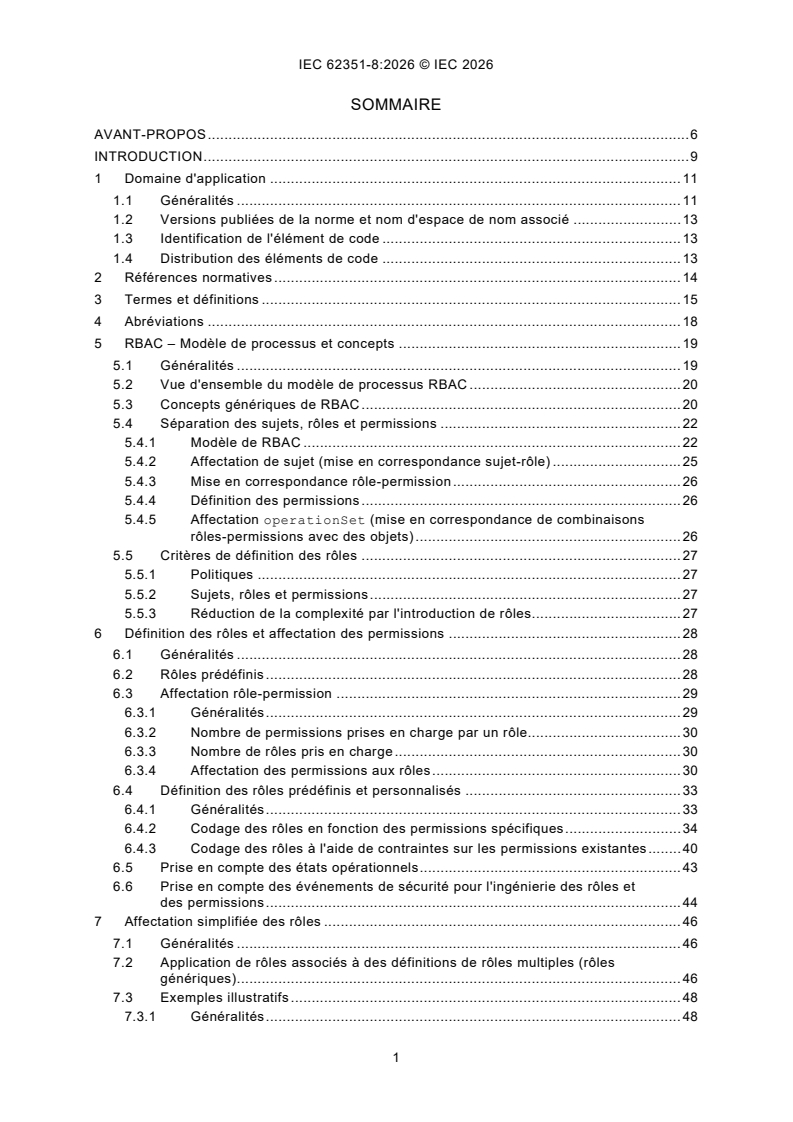 IEC 62351-8:2026 iec62351-8{ed2.0}fr - IEC 62351-8:2026 - Gestion des systèmes de puissance et échanges d'informations associés - Sécurité des communications et des données - Partie 8: Contrôle d'accès basé sur les rôles pour la gestion de systèmes de puissance - Page 3 preview