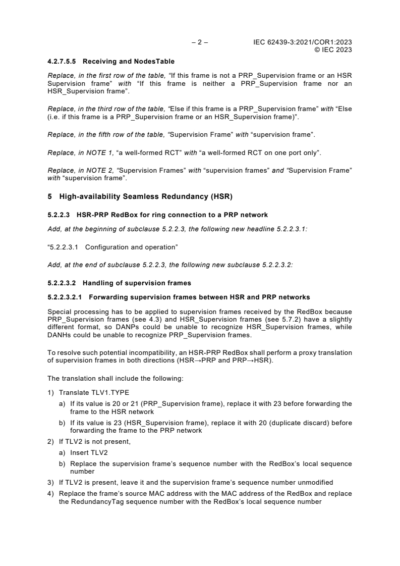 IEC 62439-3:2021/COR1:2023 iec62439-3-cor1{ed4.0}b - IEC 62439-3:2021/COR1:2023 - Corrigendum 1 - Industrial communication networks - High availability automation networks - Part 3: Parallel Redundancy Protocol (PRP) and High-availability Seamless Redundancy (HSR)
Released:4/21/2023 - Page 2 preview
