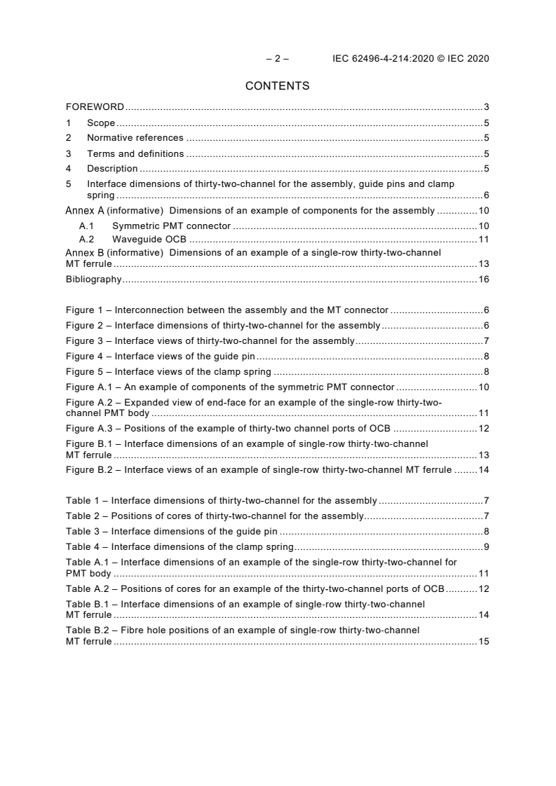 IEC 62496-4-214:2020 IEC 62496-4-214:2020 - Optical circuit boards - Part 4-214: Interface standards - Terminated waveguide OCB assembly using a single-row thirty-two-channel symmetric PMT connector
Released:12/16/2020 - Page 4 preview
