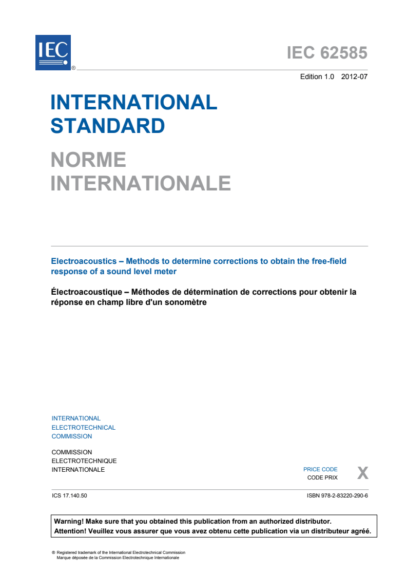 IEC 62585:2012 IEC 62585:2012 - Electroacoustics - Methods to determine corrections to obtain the free-field response of a sound level meter
Released:7/25/2012 - Page 3 preview