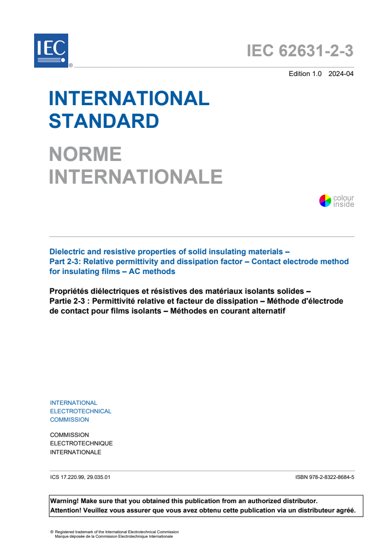IEC 62631-2-3:2024 IEC 62631-2-3:2024 - Dielectric and resistive properties of solid insulating materials - Part 2-3: Relative permittivity and dissipation factor - Contact electrode method for insulating films - AC methods
Released:4/5/2024 - Page 3 preview