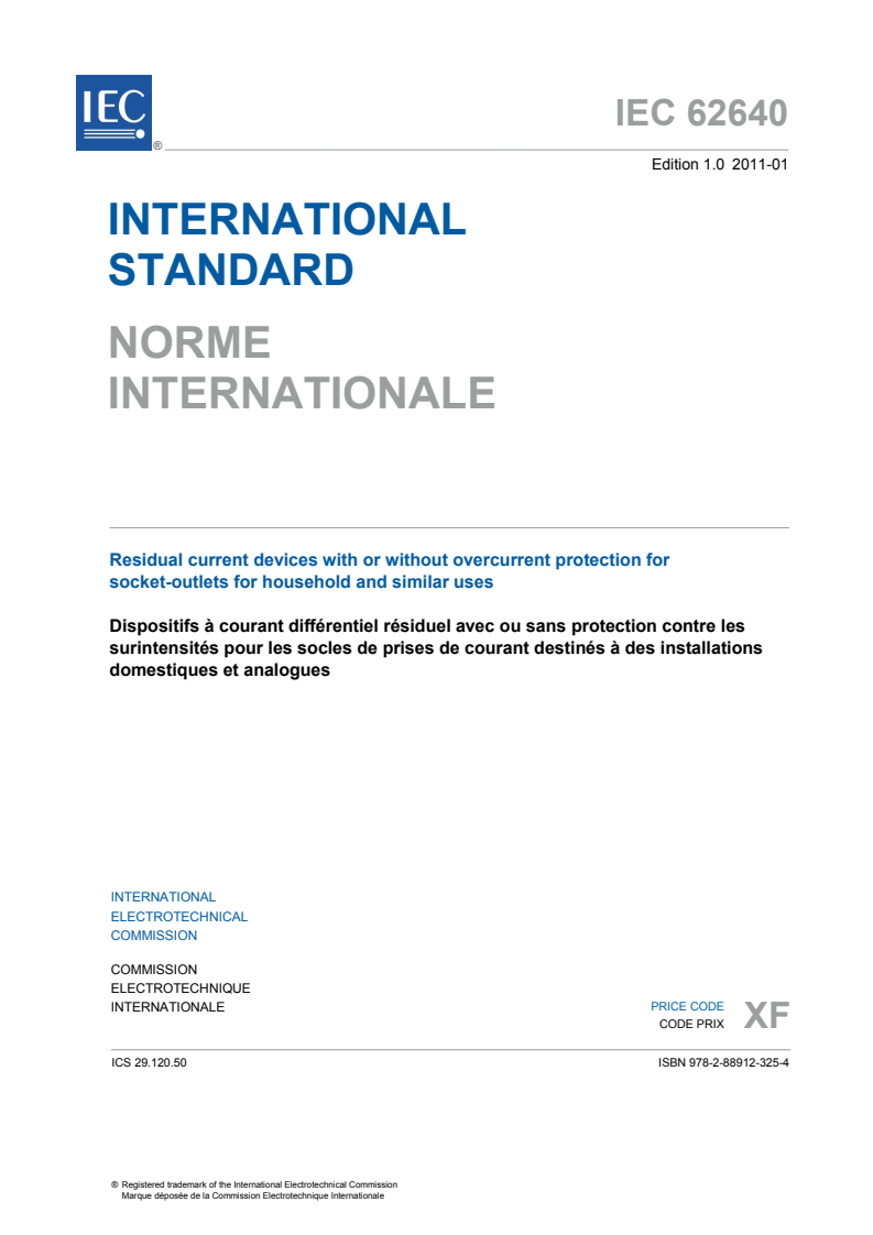 IEC 62640:2011 IEC 62640:2011 - Residual current devices with or without overcurrent protection for socket-outlets for household and similar uses
Released:1/31/2011 - Page 3 preview