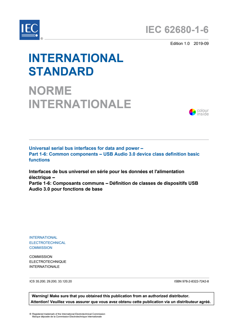 IEC 62680-1-6:2019 IEC 62680-1-6:2019 - Universal serial bus interfaces for data and power - Part 1-6: Common components - USB Audio 3.0 device class definition basic functions
Released:9/19/2019 - Page 3 preview