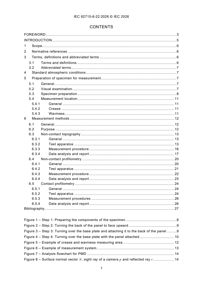 IEC 62715-6-22:2026 IEC 62715-6-22:2026 - Flexible displays - Part 6-22: Mechanical test methods - Crease and waviness measurement methods for foldable displays - Page 3 preview