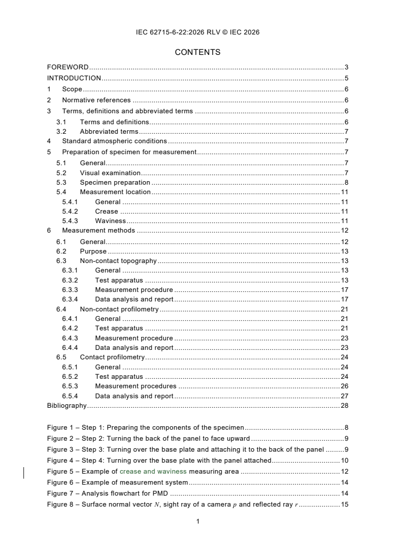 IEC 62715-6-22:2026 REDLINE IEC 62715-6-22:2026 RLV - Flexible displays - Part 6-22: Mechanical test methods - Crease and waviness measurement methods for foldable displays - Page 3 preview