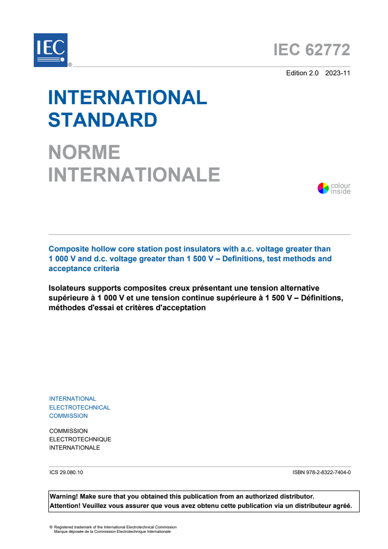 IEC 62772:2023 IEC 62772:2023 - Composite hollow core station post insulators with a.c. voltage greater than 1 000 V and d.c. voltage greater than 1 500 V - Definitions, test methods and acceptance criteria
Released:11/15/2023 - Page 3 preview