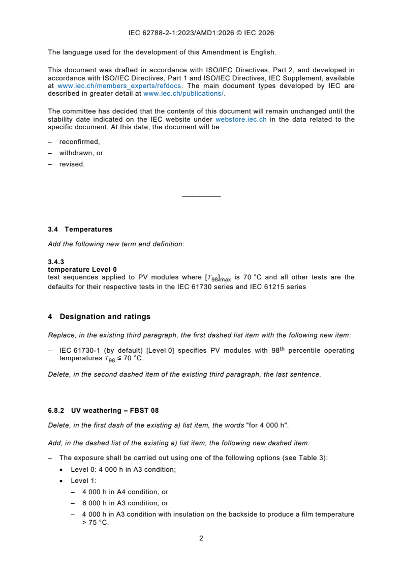 IEC 62788-2-1:2023/AMD1:2026 IEC 62788-2-1:2023/AMD1:2026 - Amendment 1 - Measurement procedures for materials used in photovoltaic modules - Part 2-1: Polymeric materials - Frontsheet and backsheet - Safety requirements - Page 4 preview