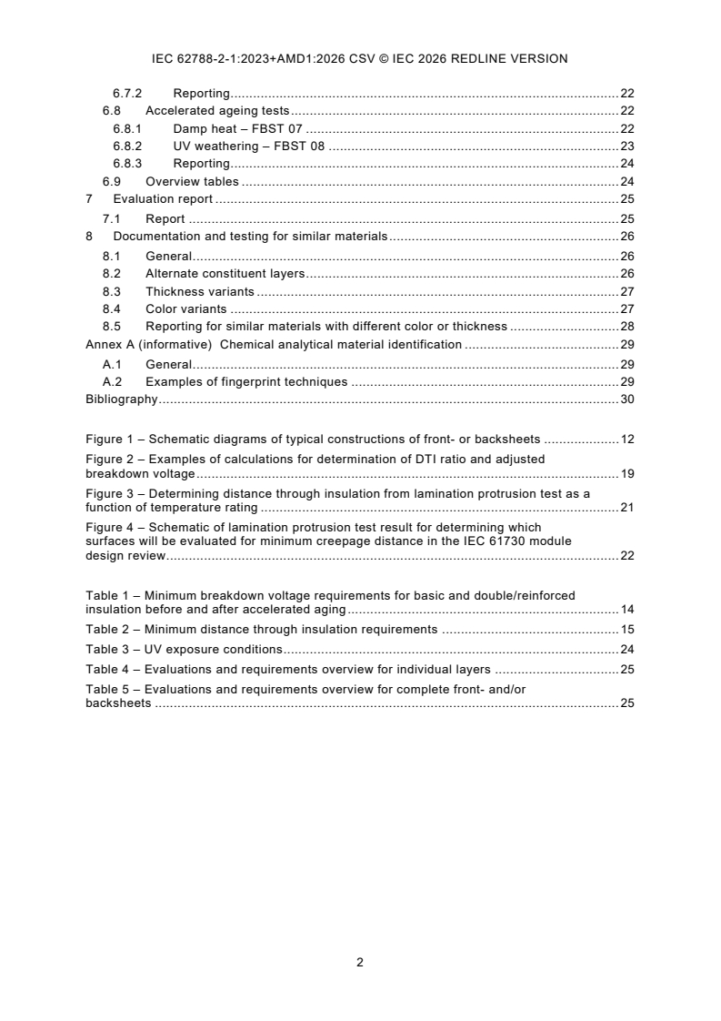 IEC 62788-2-1:2023 IEC 62788-2-1:2023+AMD1:2026 CSV - Measurement procedures for materials used in photovoltaic modules - Part 2-1: Polymeric materials - Frontsheet and backsheet - Safety requirements - Page 4 preview