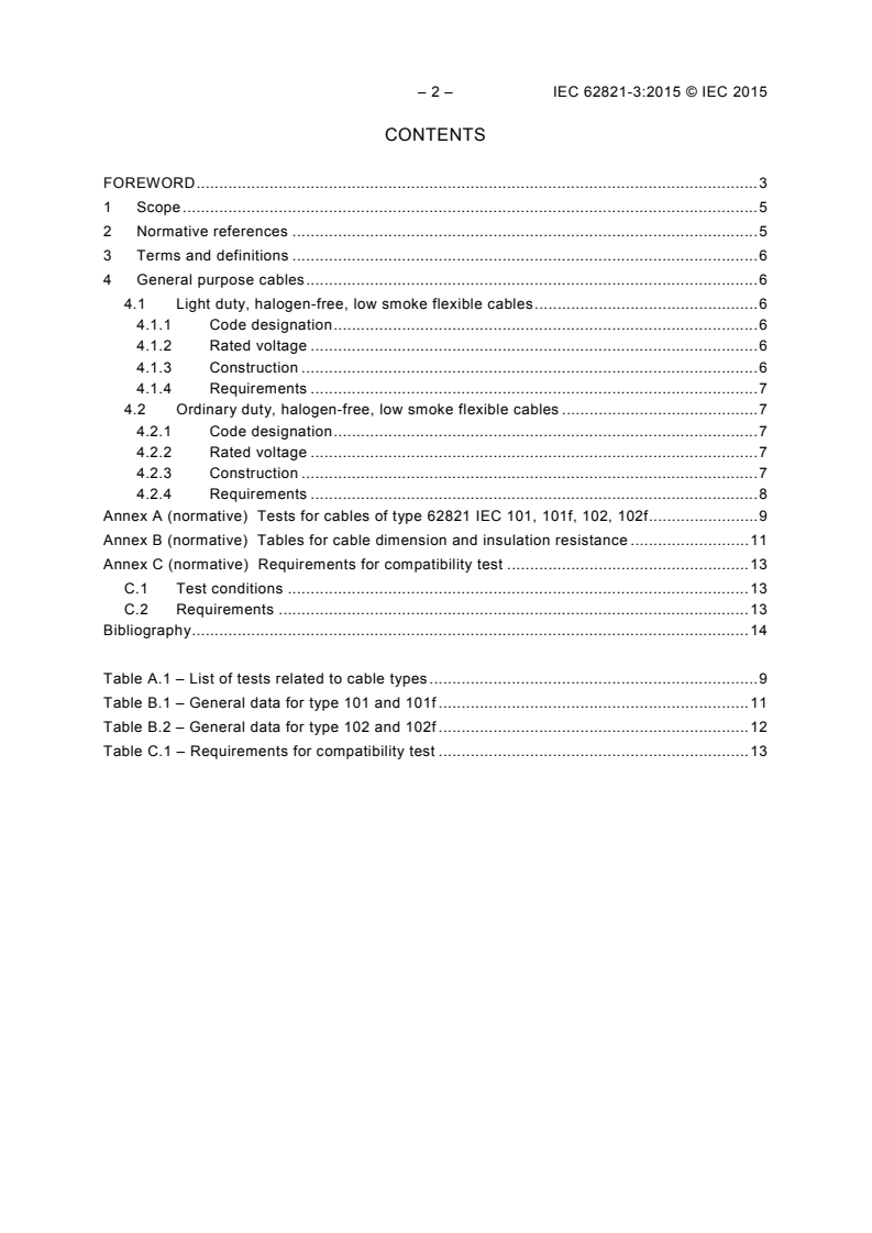 IEC 62821-3:2015 IEC 62821-3:2015 - Electric cables - Halogen-free, low smoke, thermoplastic insulated and sheathed cables of rated voltages up to and including 450/750 V - Part 3: Flexible cables (cords)
Released:2/13/2015 - Page 4 preview