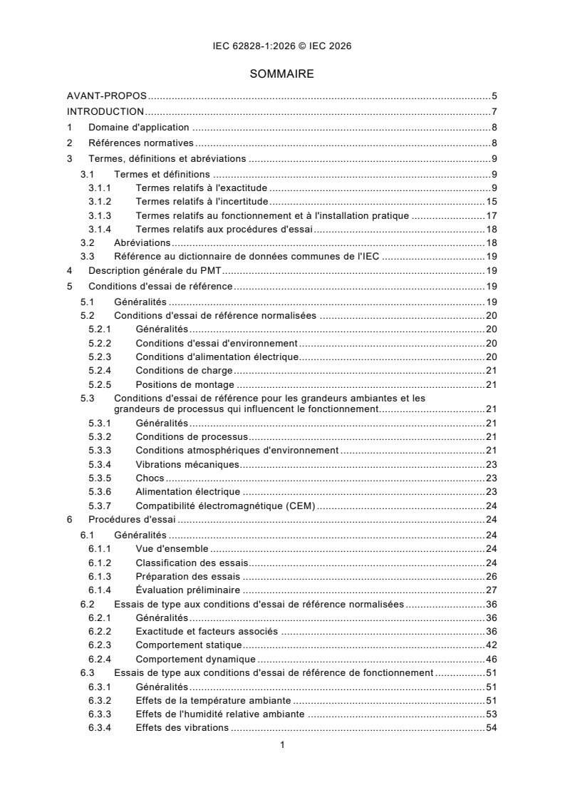 IEC 62828-1:2026 iec62828-1{ed2.0}fr - Conditions de référence et procédures pour l'essai des transmetteurs de mesure industrielle et de processus - Partie 1: Procédures générales pour tous les types de transmetteurs - Page 3 preview